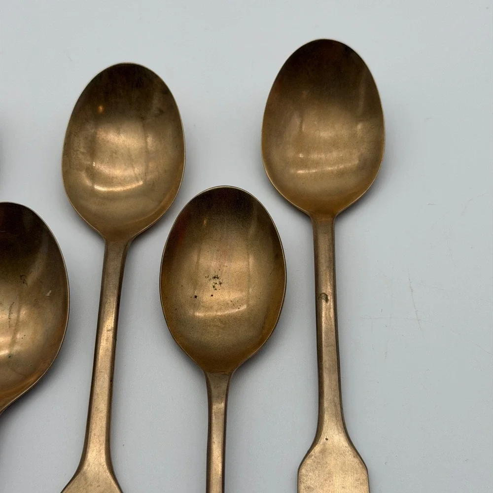 Vintage Bronze Brass Spoons Set of 5 Mid Century Modern Fiddle Handle Gold Tone